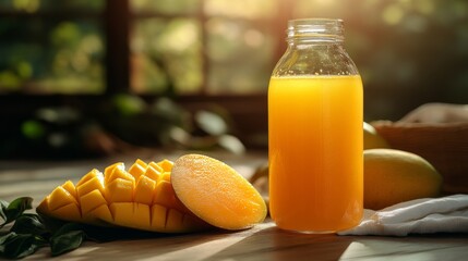 Aufkleber - A clear glass bottle filled with vibrant mango juice sits beside sliced and whole ripe mangoes on a wooden surface. Soft sunlight highlights the natural colors.