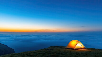 Wall Mural - camping under stars landscapes idea. a glowing tent at sunset, surrounded by clouds, creating a sere