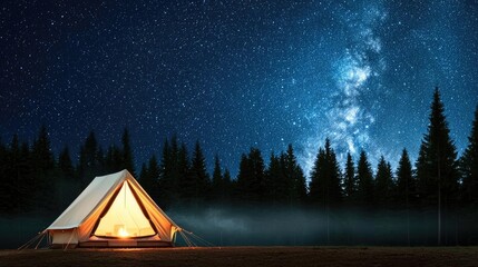 Wall Mural - camping under stars landscapes idea. a serene camping scene under a starry night sky with a glowing 