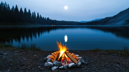Wall Mural - camping under stars landscapes idea. a serene campfire setting by a tranquil lake under a moonlit sk