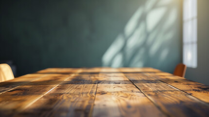 Fototapete - Table background copy space. Wooden table desk background with shabby wall and soft light. Wooden table mock up for product placement and design. Luxury minimalistic grunge tabletop