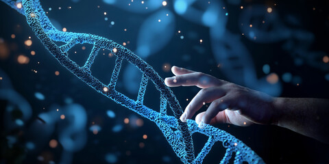 Aufkleber - Scientist hand touching DNA digital hologram on dark blue background. Generative ai DNA