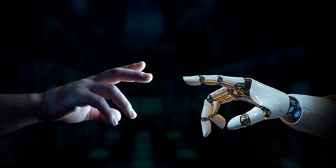 Fototapete - Cyborg finger about to touch human finger. Man hand going closer to robotic hand on black background. Generative ai robot hand