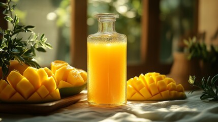 Aufkleber - Slices of ripe mango surround a clear glass bottle filled with vibrant mango juice on a table. Soft natural light highlights the textures and colors in a warm atmosphere.