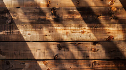 Fototapete - Wooden texture table surface top view with sunlight beams and shadows copy space mock up