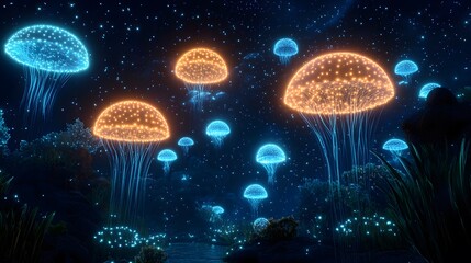 Wall Mural - a surreal ai-generated underwater world with bioluminescent creatures and floating cities