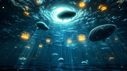Wall Mural - a surreal ai-generated underwater world with bioluminescent creatures and floating cities