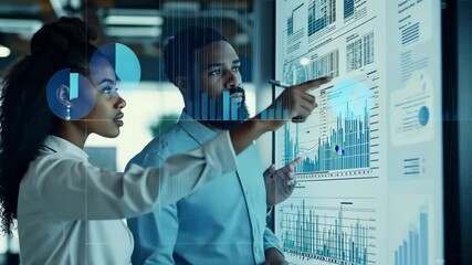 Poster - In a modern business setting, two professionals collaborate to analyze complex data visualizations on a digital screen, showcasing the impact of teamwork and technologydriven insights