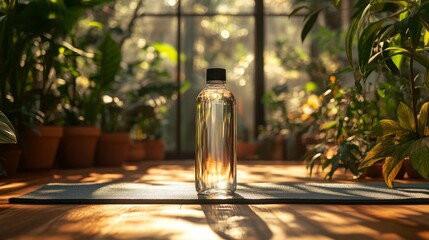 Poster - A clear water bottle stands upright on a yoga mat, surrounded by various green plants in a sun-filled room. The setting is peaceful, perfect for relaxation or meditation.