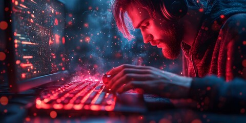 Tech's Embrace: A man engrossed in coding, bathed in the vibrant glow of a digital interface, embodying modern technology.