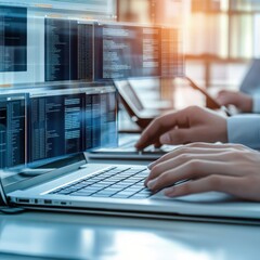 software developers working on programming code on laptops in modern office environment