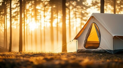 Wall Mural - camping under stars landscapes idea. a serene camping scene with a tent illuminated by warm sunlight