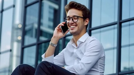 Poster - A young businessman in a crisp white shirt and trendy glasses smiles on a phone call outside a modern glass office, representing the blend of business acumen and technology in todays corporate world