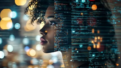 Poster - A thoughtful individuals profile contrasts sharply with the vibrant digital city, symbolizing the vital connection between personal insights and the rapid tech advancements of our modern era