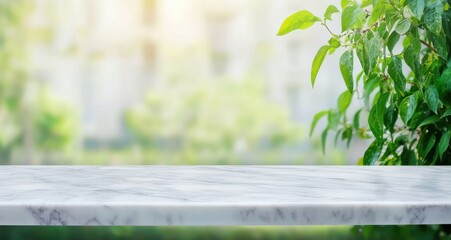 Aufkleber - Empty marble table with blurred green spring nature background for product display