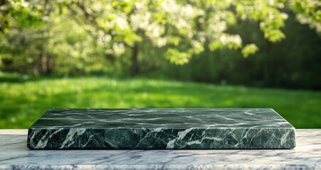 Poster - Empty marble table on blurred green spring nature background
