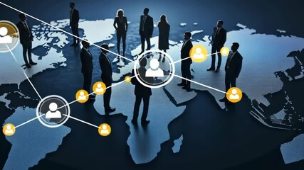 Poster - This artwork showcases global business connectivity through interlinked silhouettes and a vibrant digital network on a map, emphasizing modern collaboration and innovation in todays landscape