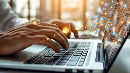 Poster - A business professional types on a laptop, surrounded by digital elements symbolizing the fusion of technology and productivity, showcasing innovation and efficiency in todays workspace