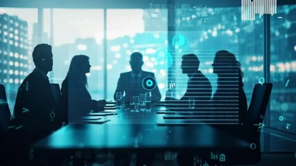 Poster - A dynamic business meeting in a modern conference room, enhanced by a digital overlay of data and advanced technology, set against a vibrant city skyline that sparks creativity and innovation