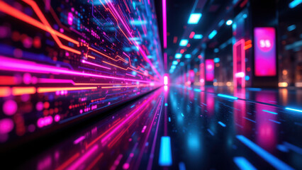 Wall Mural - A dynamic digital representation of a network with a futuristic cyber theme, featuring abstract elements and vibrant colors that suggest data flow and technological connectivity.