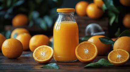 Aufkleber - Bright orange juice in a glass bottle sits on a wooden table surrounded by whole oranges and green leaves, showcasing the freshness of the fruit in natural light.