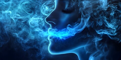 Poster - Ethereal Woman Surrounded by Blue Smoke in Dim Light Environment