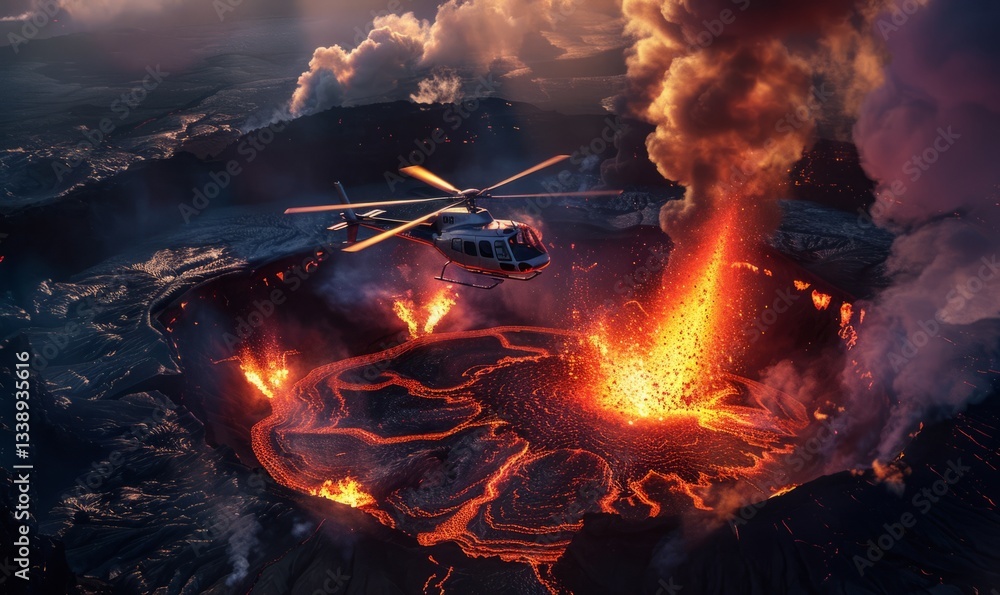 Flying Volcano Rocks Helicopter flying low over an active volcano, 4K hyperrealistic photo ...