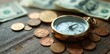 © alain louis - Close-up of money bills and coins surrounding budget compass on wooden table, wooden table, finance