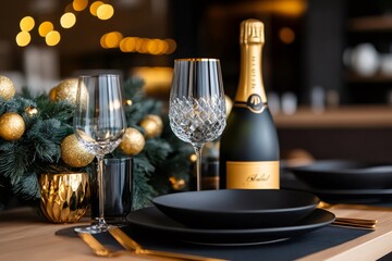 Wall Mural - elegant christmas table setting with champagne bottle and crystal glasses