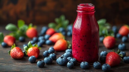 Aufkleber - A vibrant berry smoothie sits in a glass bottle, with fresh strawberries and blueberries scattered around it on a rustic wooden surface.