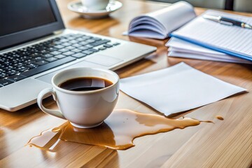 spilled coffee on wooden desk in office accident scene