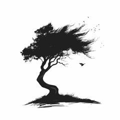 windswept tree with birds: black tree in abstract with movement against white background
