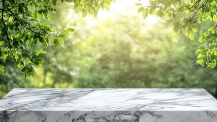 Aufkleber - Empty marble table with sunlight and blurred green foliage background for product display