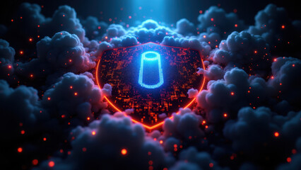 Wall Mural - A futuristic abstract cybersecurity graphic featuring a Kubernetes cluster with vibrant clouds and floating particles.