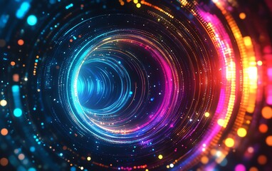 Poster - Colorful abstract digital art piece featuring futuristic LED lights, glowing patterns, and modern techinspired design elements