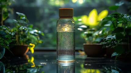 Poster - A clear bottle filled with water stands upright among lush green plants. Soft natural light filters through the leaves, creating a serene atmosphere in the room.