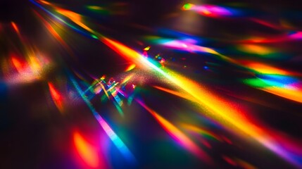 Wall Mural - blurred rainbow prism effect on black, with iridescent light flares and colorful crystal leak shadow