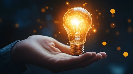 Aufkleber - Hand Holding Sparkling Light Bulb with Glowing Particles