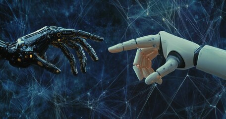 Aufkleber - Two robotic hands reaching towards each other on digital network background