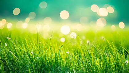 Aufkleber - Bright green grass shines under sunlight with soft bokeh effects in the background