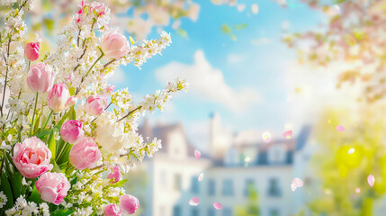 Poster - Beautiful bouquet of pink tulips and white blossoms in a garden setting during springtime daylight