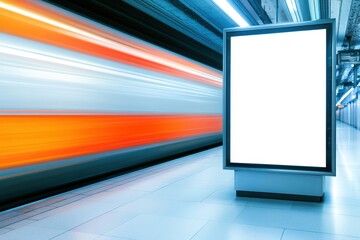 Wall Mural - blank advertising board in a modern train station, vibrant motion blur of a passing train creates a 