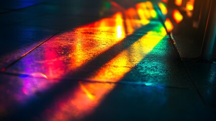Wall Mural - lens distortion creating blurred rainbow overlays, with prismatic light leaks and colorful shadow re