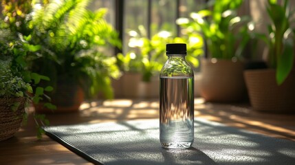 Poster - A clear water bottle sits on a yoga mat in a tranquil indoor space filled with vibrant green plants. Soft sunlight filters through the windows creating a peaceful atmosphere.