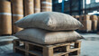 © Skygonlib - Two bags of cement are lying on a wooden pallet in a warehouse. Construction