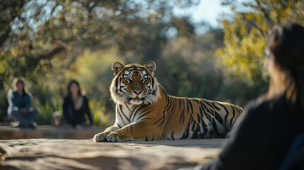 Wall Mural - A majestic tiger resting in a large cage at an animal sanctuary, with caretakers observing from afar.
