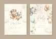 © ku4erashka - Watercolor Baby Shower Party Invitation card with a plush pilot bear and animal.