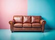 © prapatsorn - Floating Brown Leather Sofa, Pastel Background -  Perfect for Home Decor & Interior Design