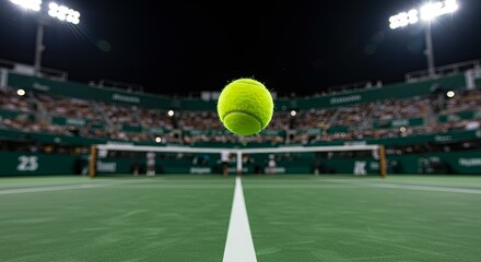 A tennis ball is in the air above a tennis court