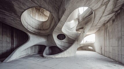 Poster - Abstract concrete structure interior with organic, flowing forms and openings, showcasing light and shadow interplay.